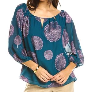 Trina Turk Teal & Pink Saloni Silk Puff Sleeve Top